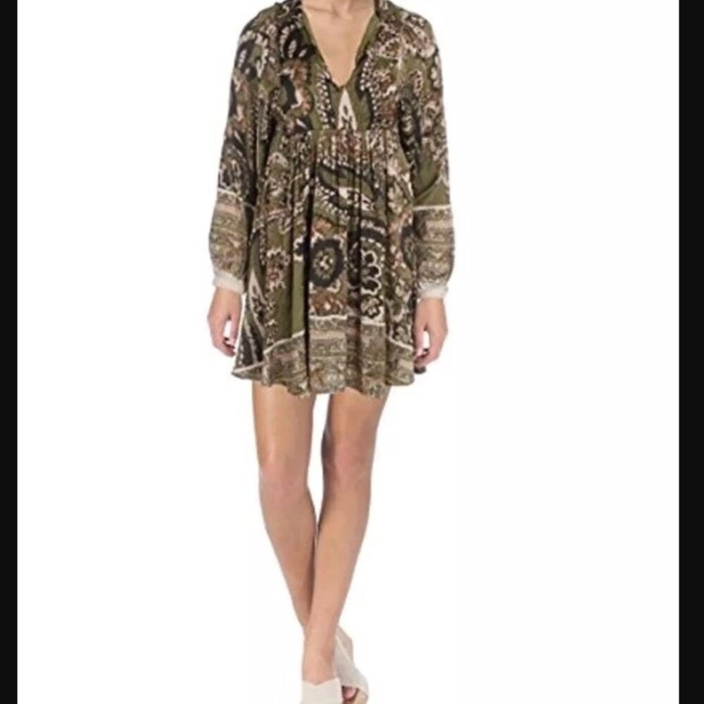 Free People Say You Love Me Mini Shirt Dress Size Small Green Boho Peasant Fall - Picture 11 of 11